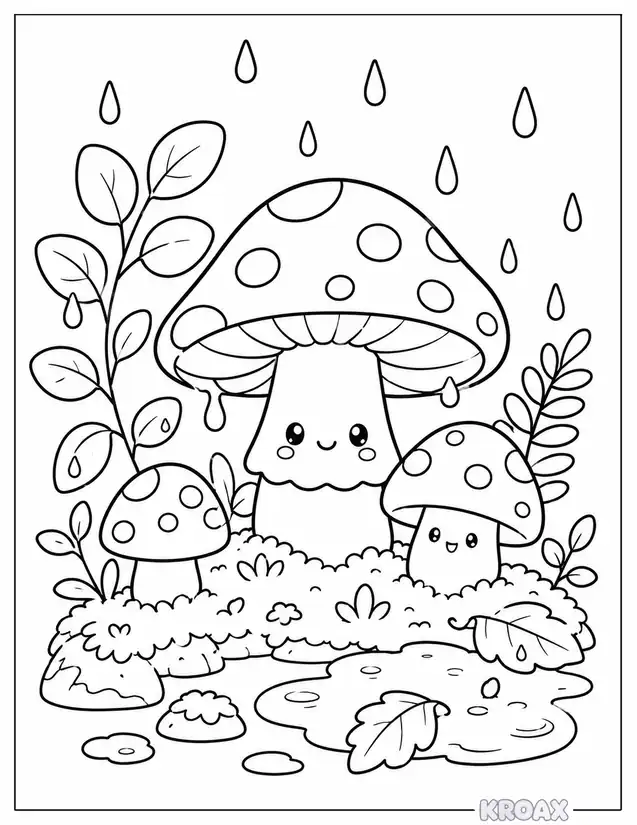 august rainfall and mushroom forest printable coloring page