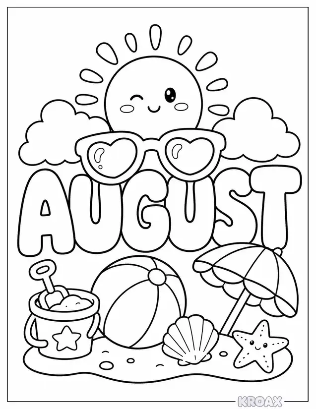 august word art with sunglasses and sunshine printable coloring page