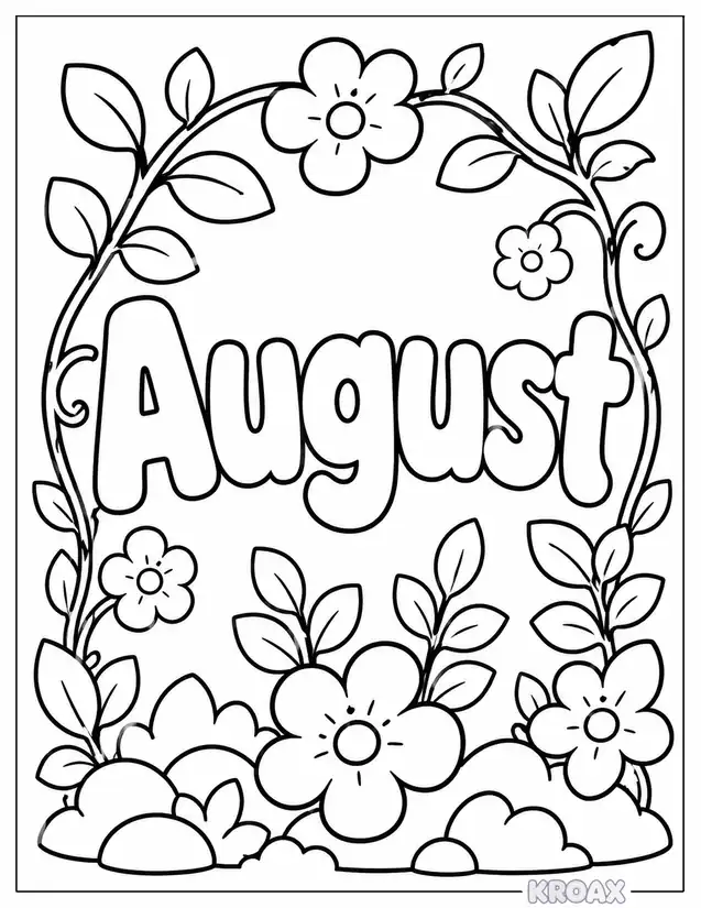 bold august lettering with nature frames printable coloring page