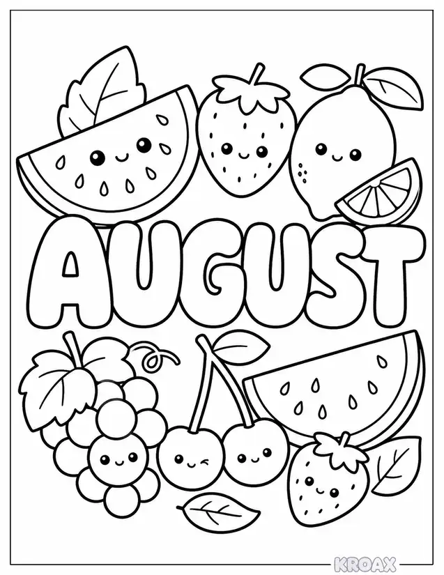 bold august letters with summer fruits printable coloring page