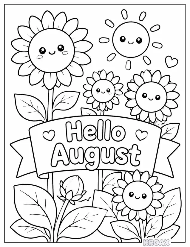 hello august sunflower garden printable coloring page
