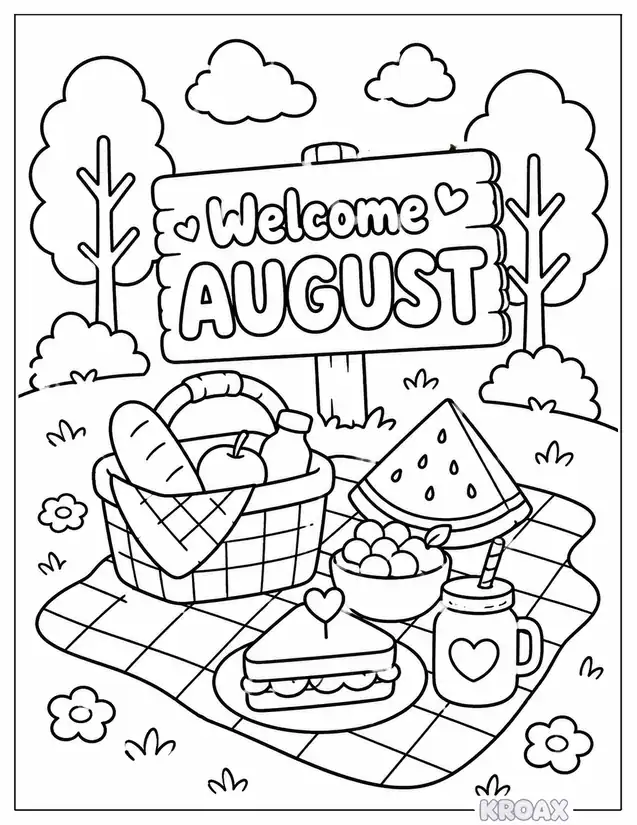welcome august picnic scene printable coloring page
