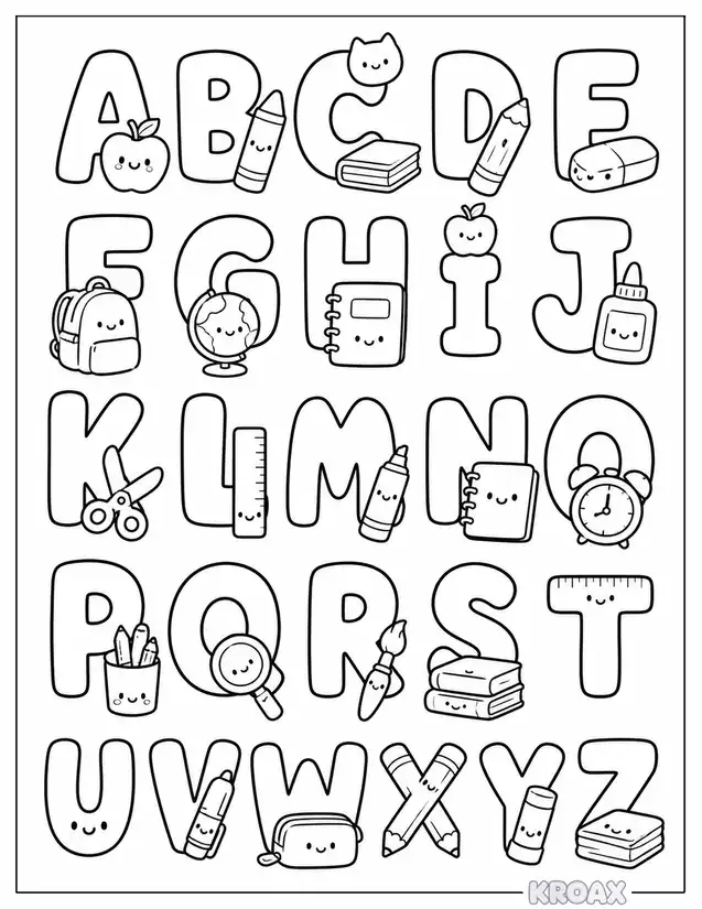 alphabet letters with school themes printable coloring page