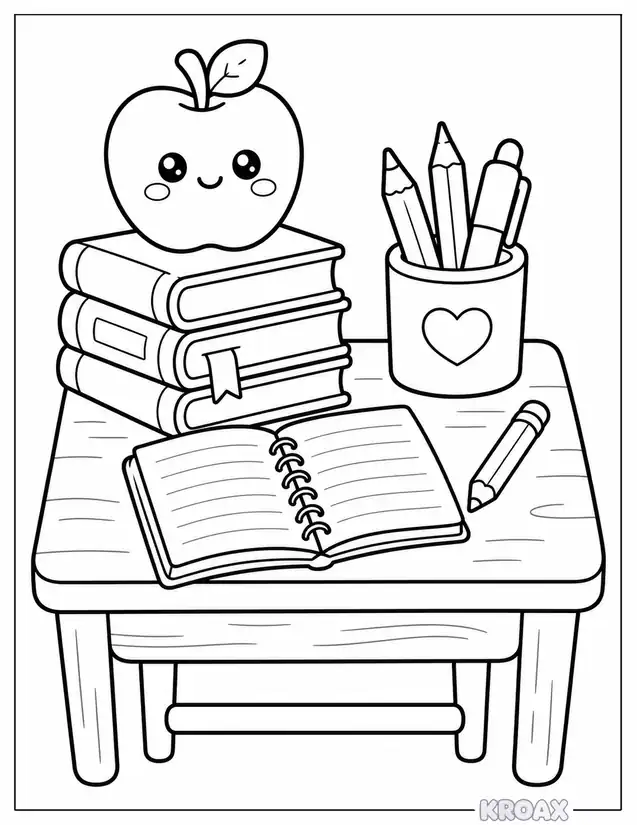 classroom desk with stacked printable coloring page