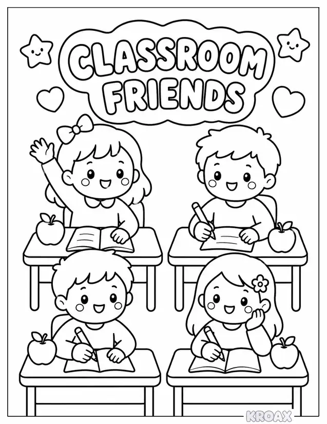 cute classroom friends and desks printable coloring page