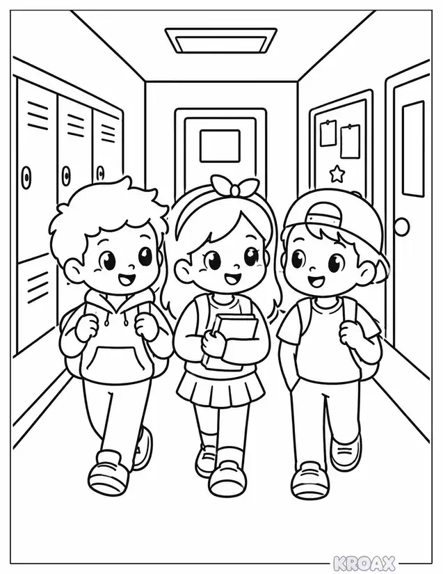 happy students walking through school hallway printable coloring page