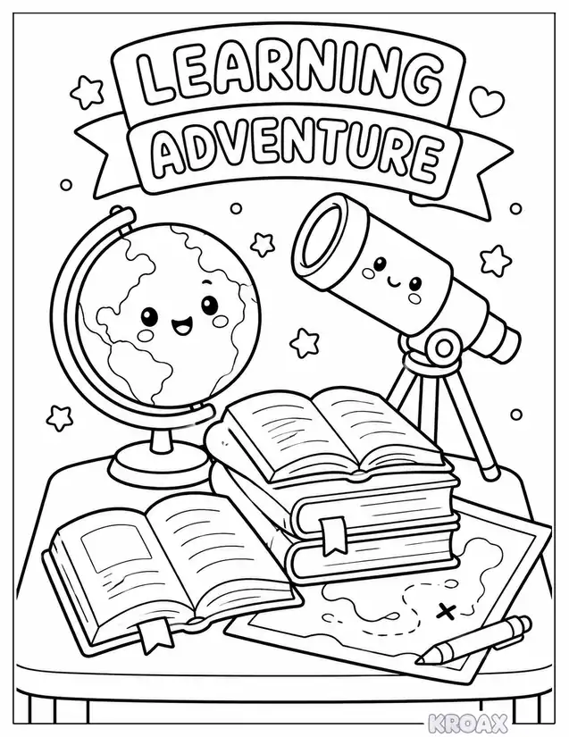 learning adventure with books and globes printable coloring page
