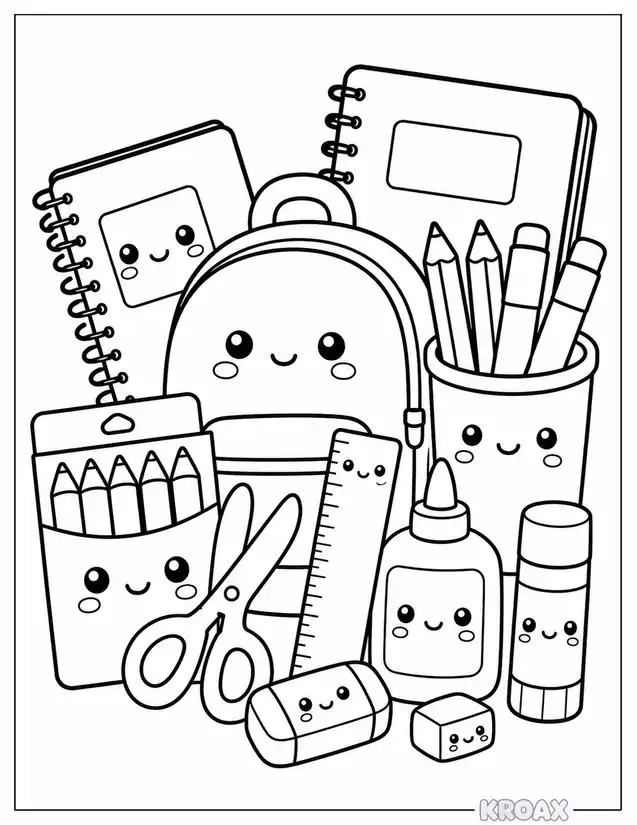 school supplies and pencils scene printable coloring page