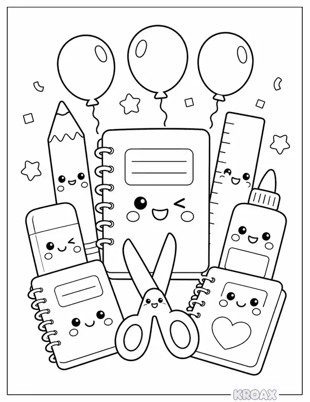 school supplies party time printable coloring page