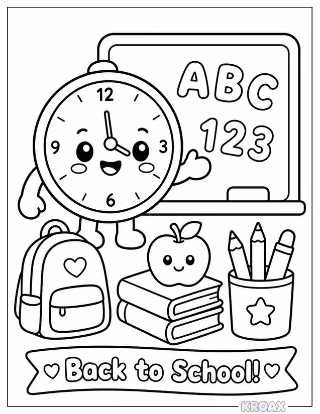 smiling classroom clock and chalkboard printable coloring page