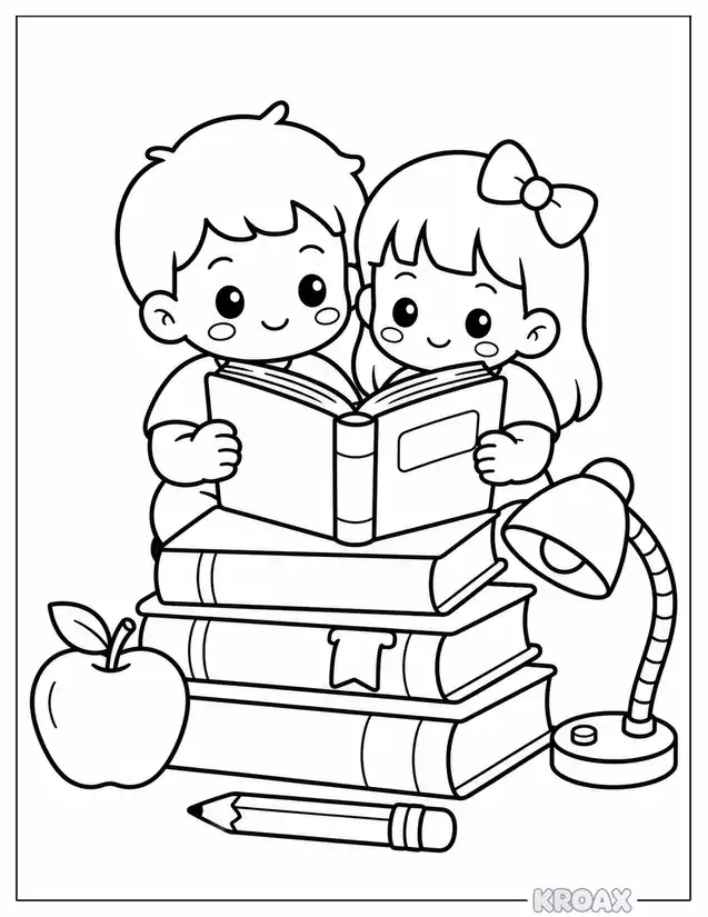 stacked books and reading buddies printable coloring page