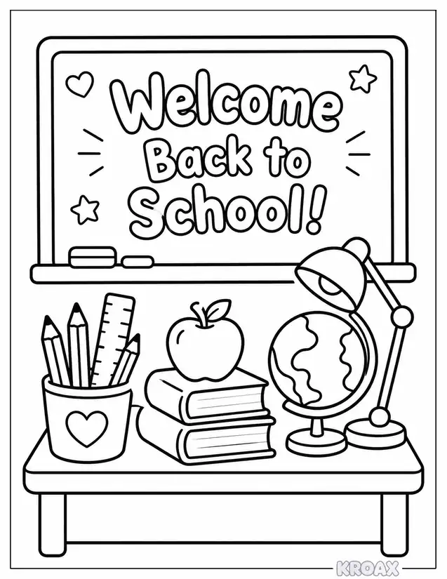 teacher s desk with apple and supplies printable coloring page