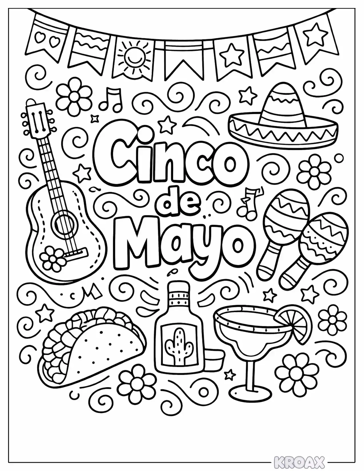 cinco de mayo doodles with festive banners printable coloring page