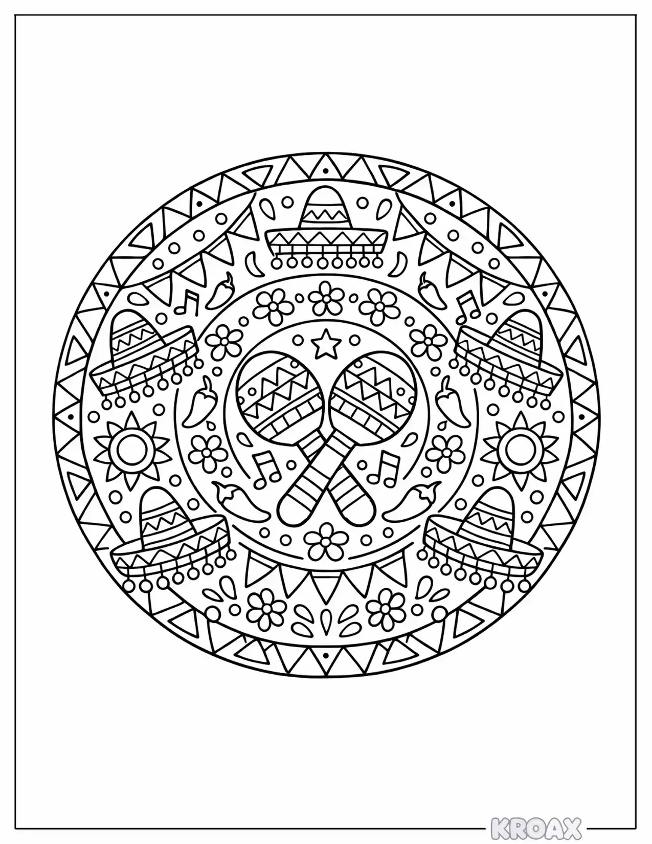 cinco de mayo mandala with traditional symbols printable coloring page