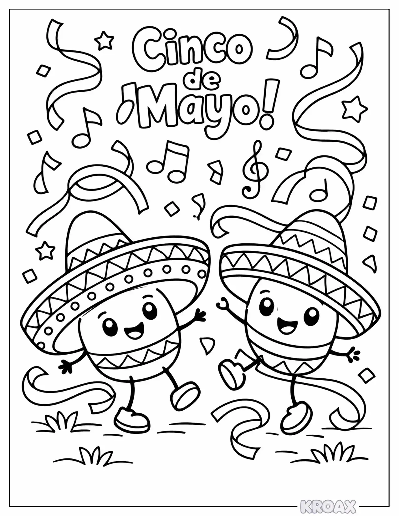 dancing sombreros and colorful streamers printable coloring page