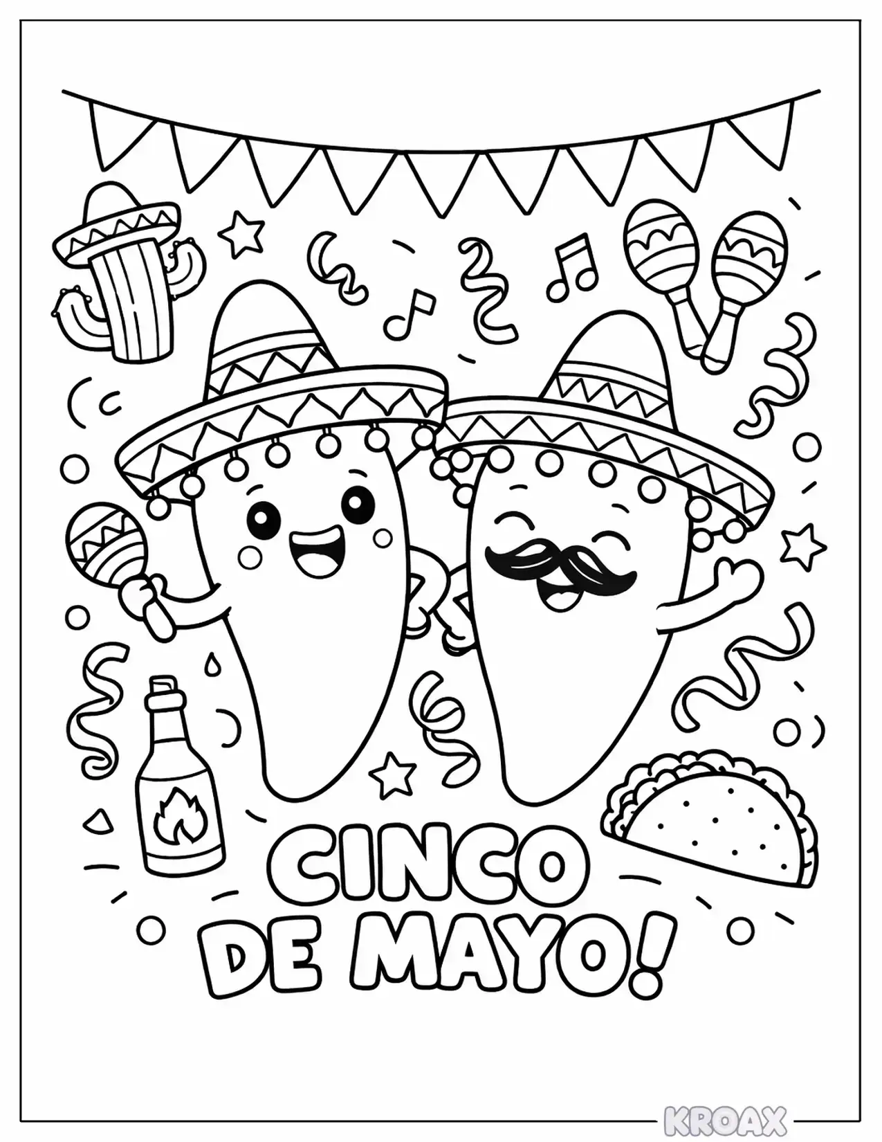 festive jalape o peppers with sombreros and confetti printable coloring page