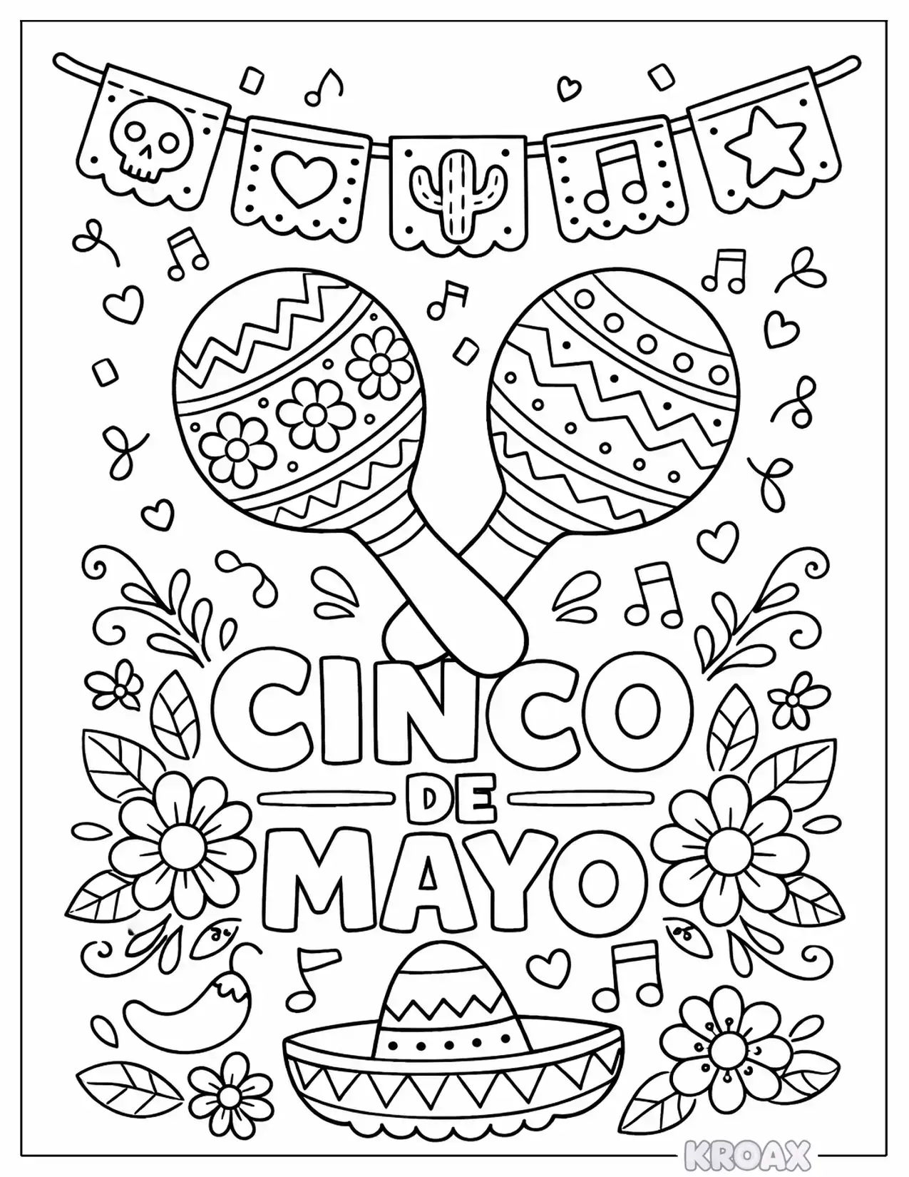 festive mexican banner with maracas and flowers printable coloring page