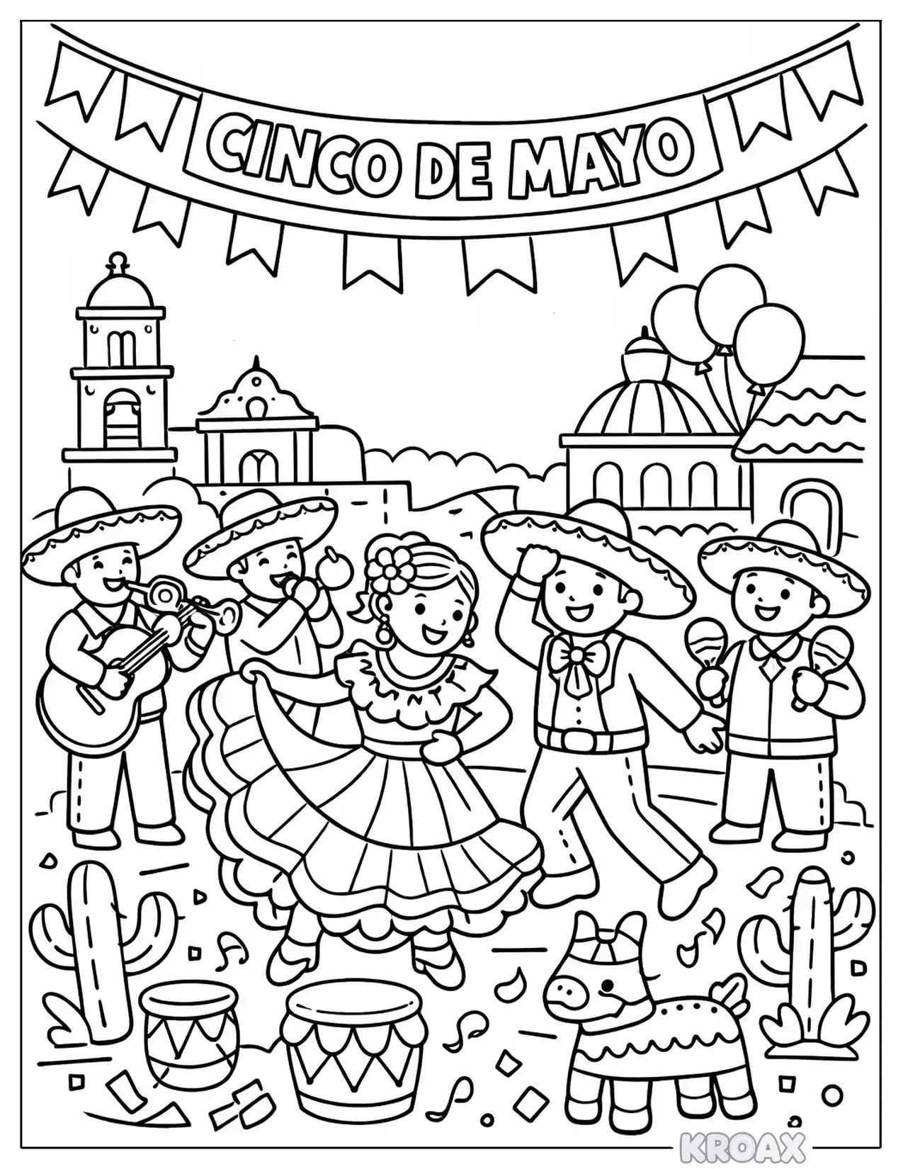 festive mexico city street parade scene printable coloring page