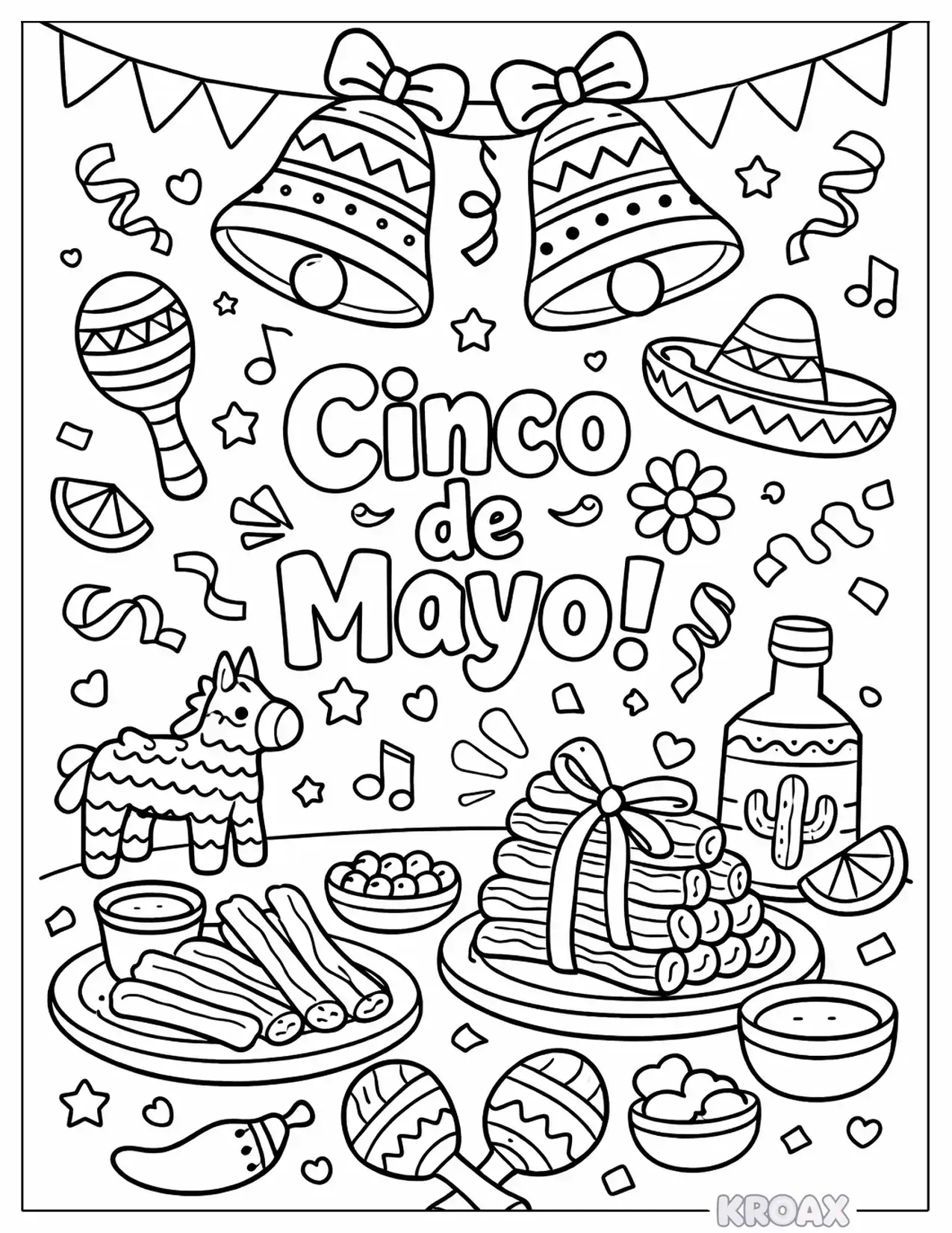 fiesta celebration with churros and bells printable coloring page