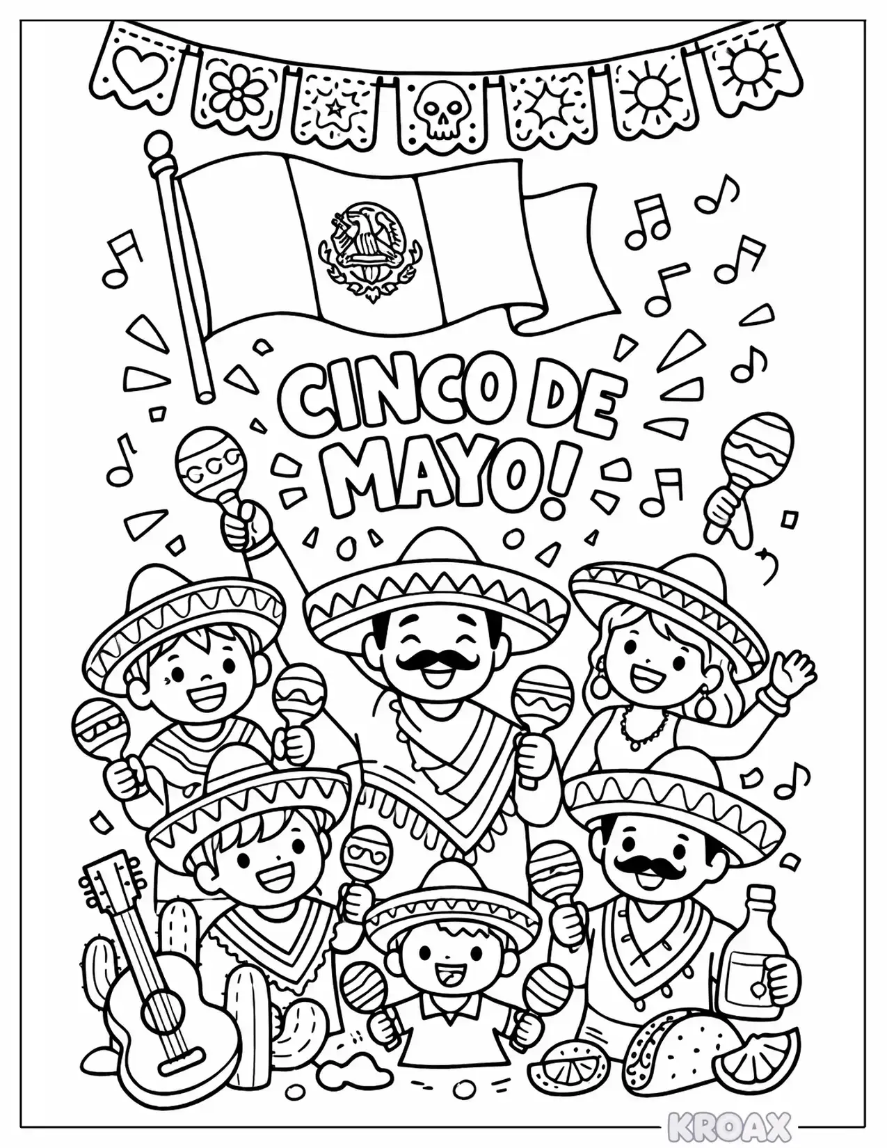 mexican flag waving over celebration scene printable coloring page