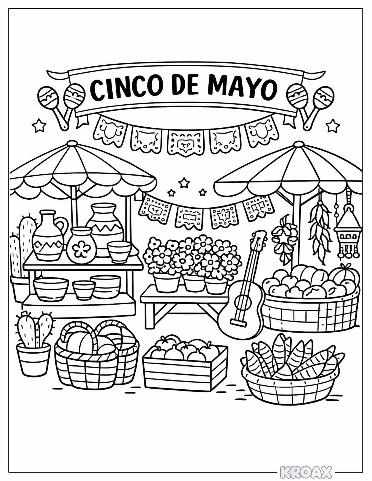 mexican market with colorful vendor stalls printable coloring page