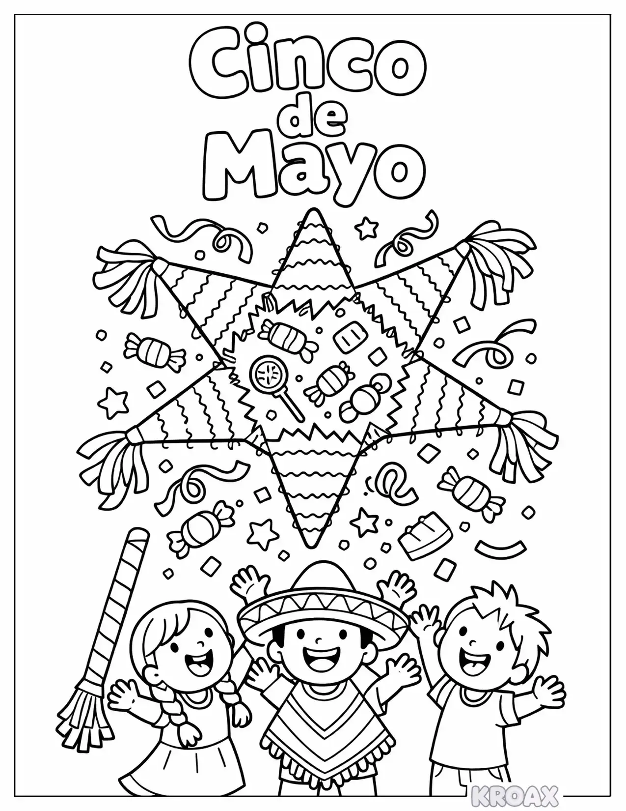 pi ata bursting with confetti and candy printable coloring page