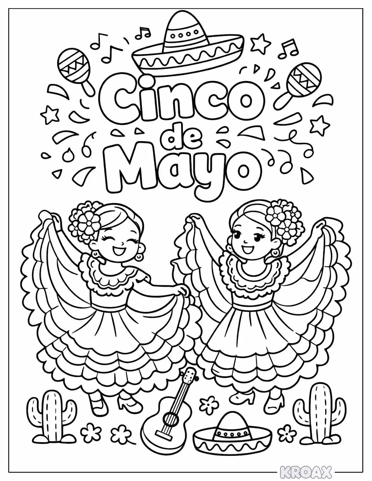 traditional folklorico dancers in colorful dresses printable coloring page