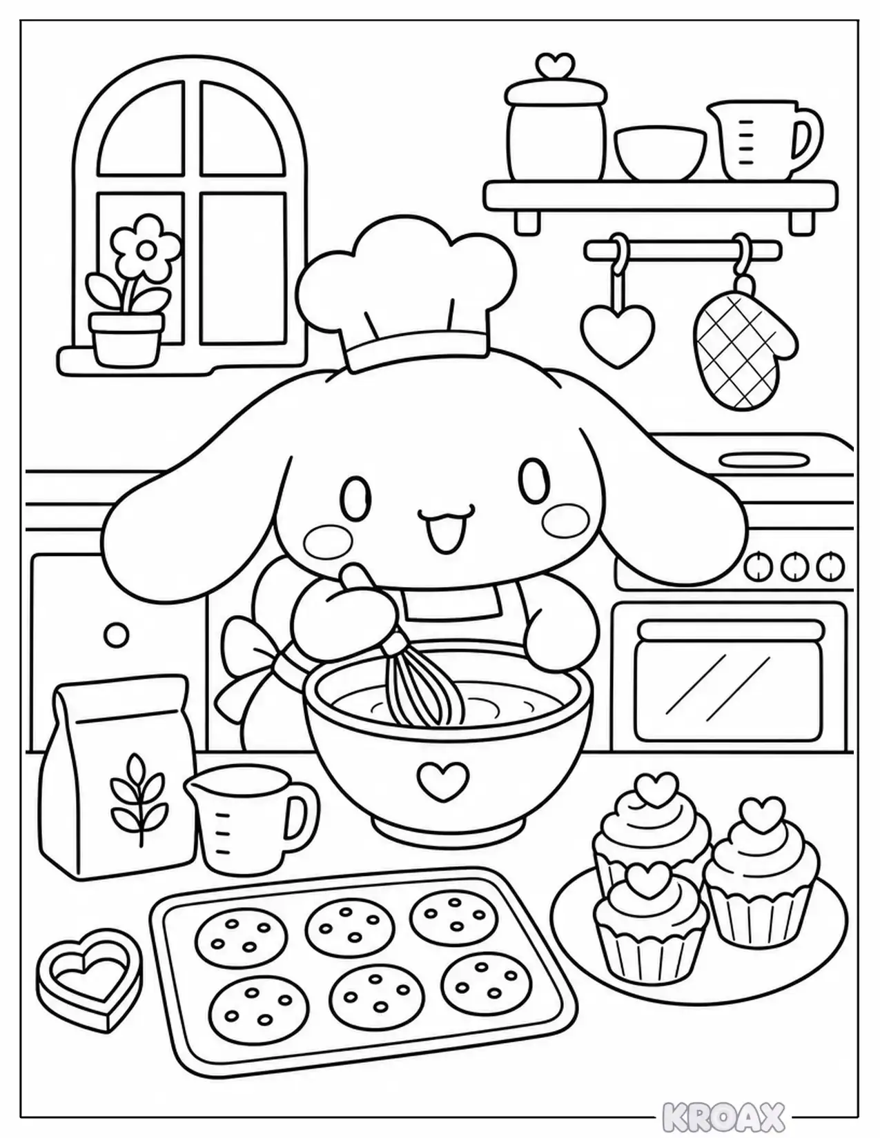 cinnamoroll baking sweet treats in the kitchen printable coloring page