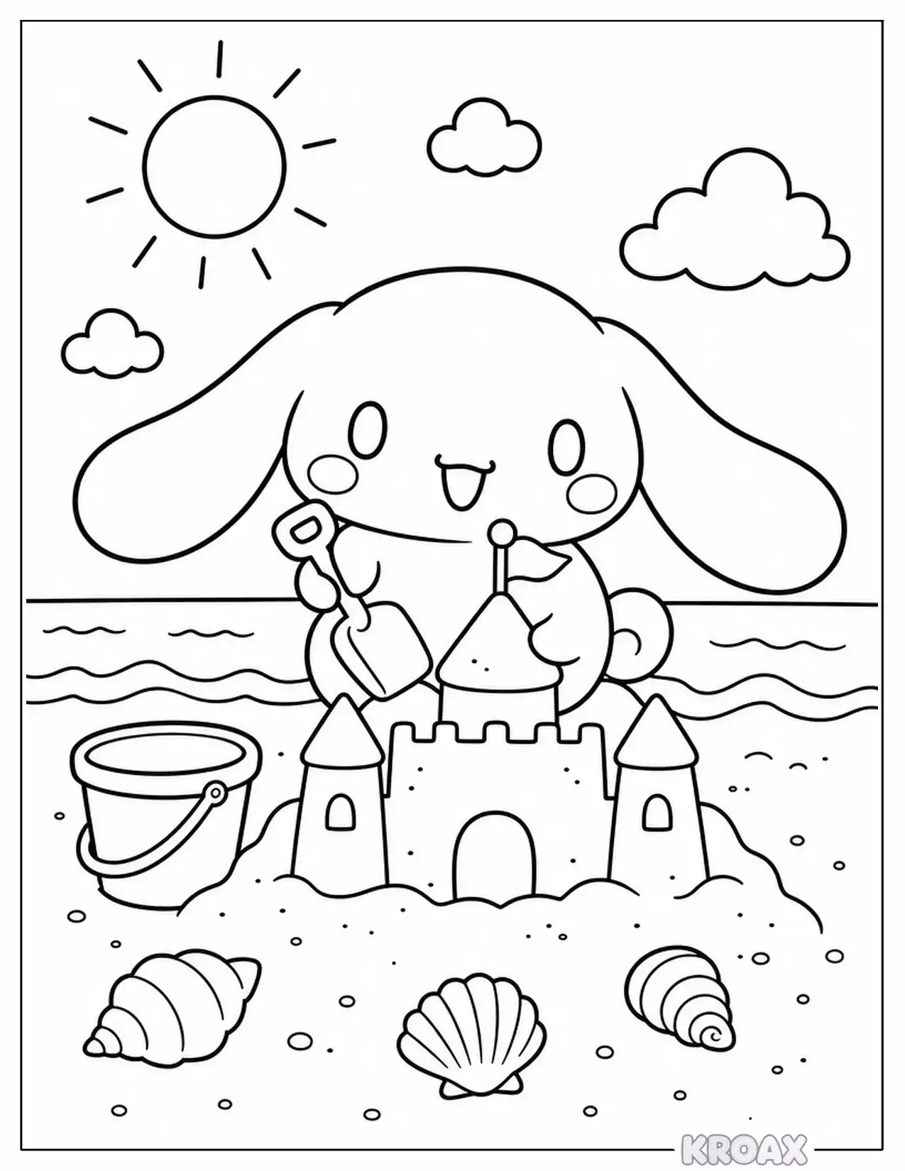 cinnamoroll building a sandcastle at the shore printable coloring page
