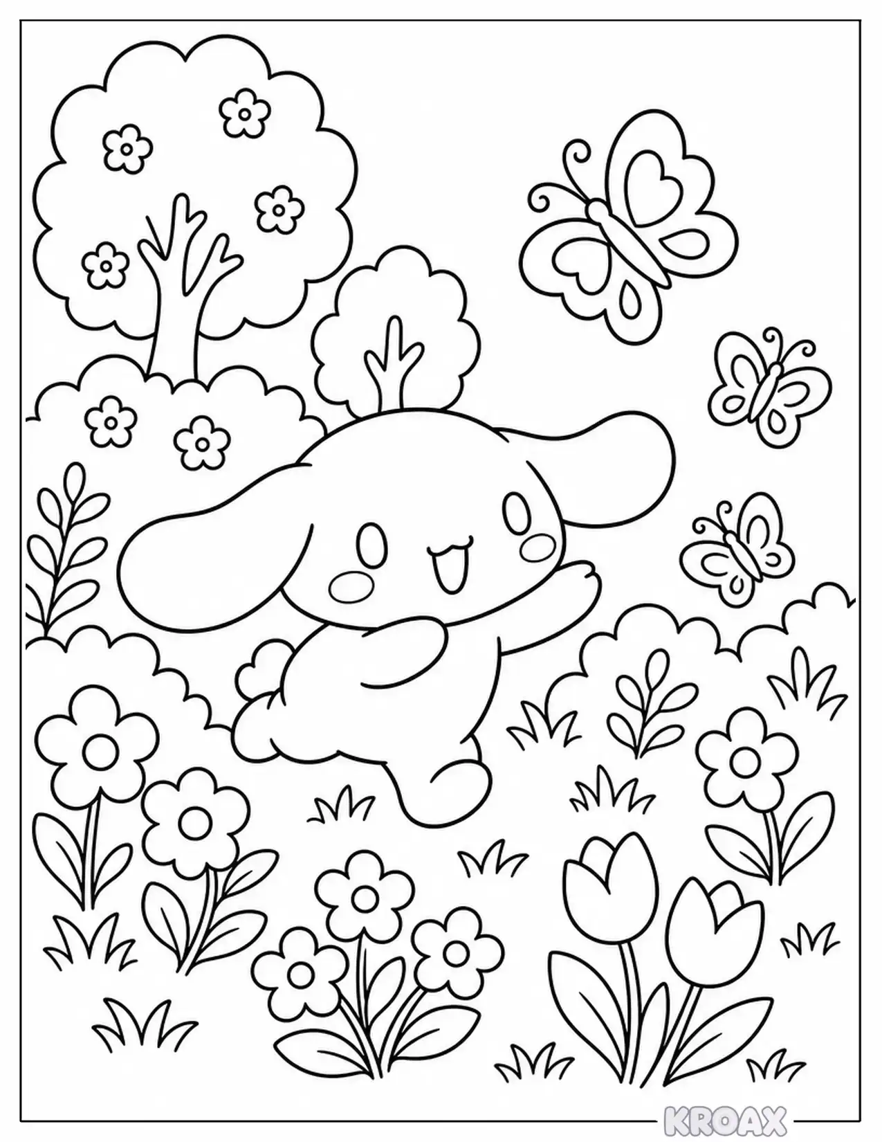 cinnamoroll chasing butterflies in the garden printable coloring page