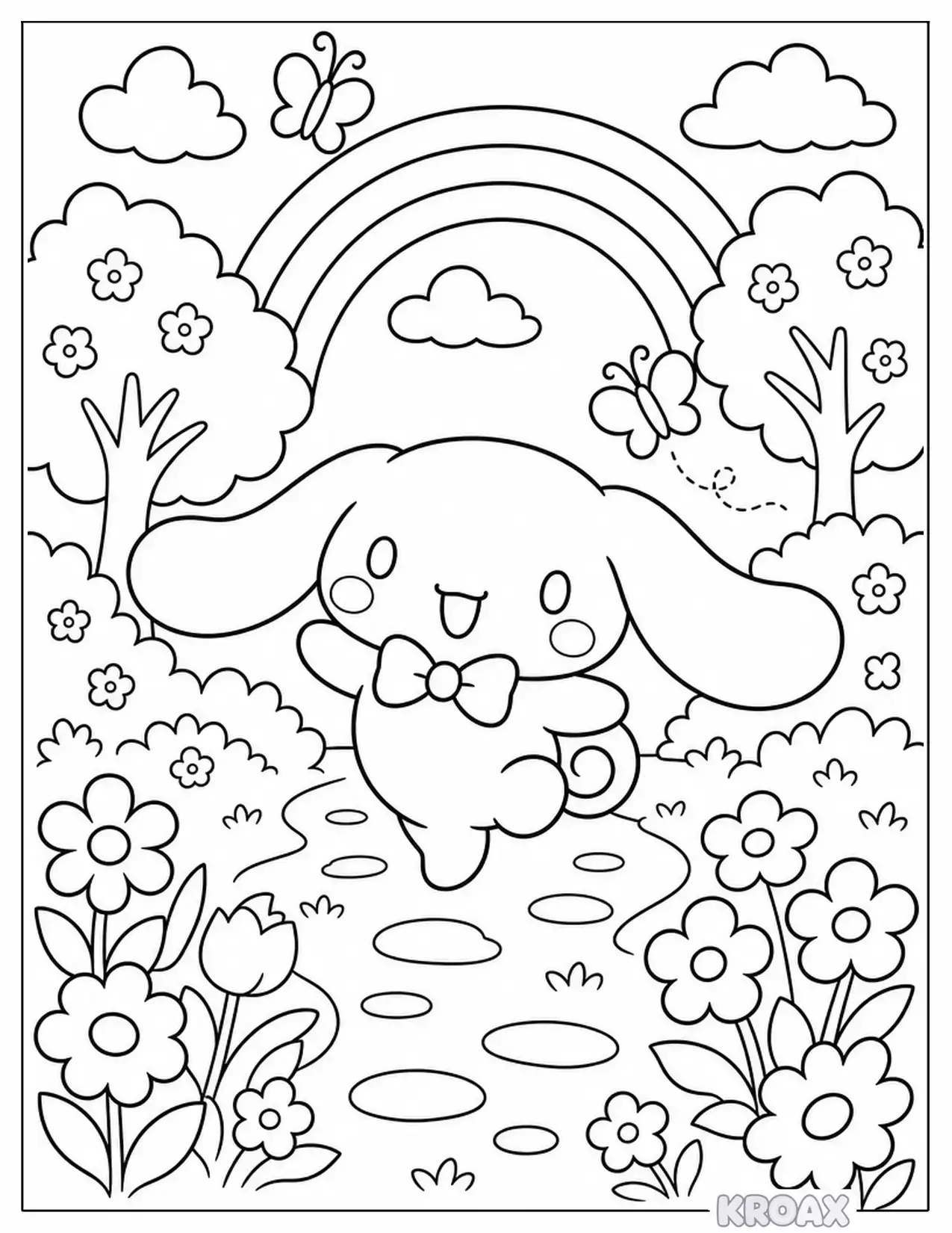 cinnamoroll dancing in a magical rainbow garden printable coloring page