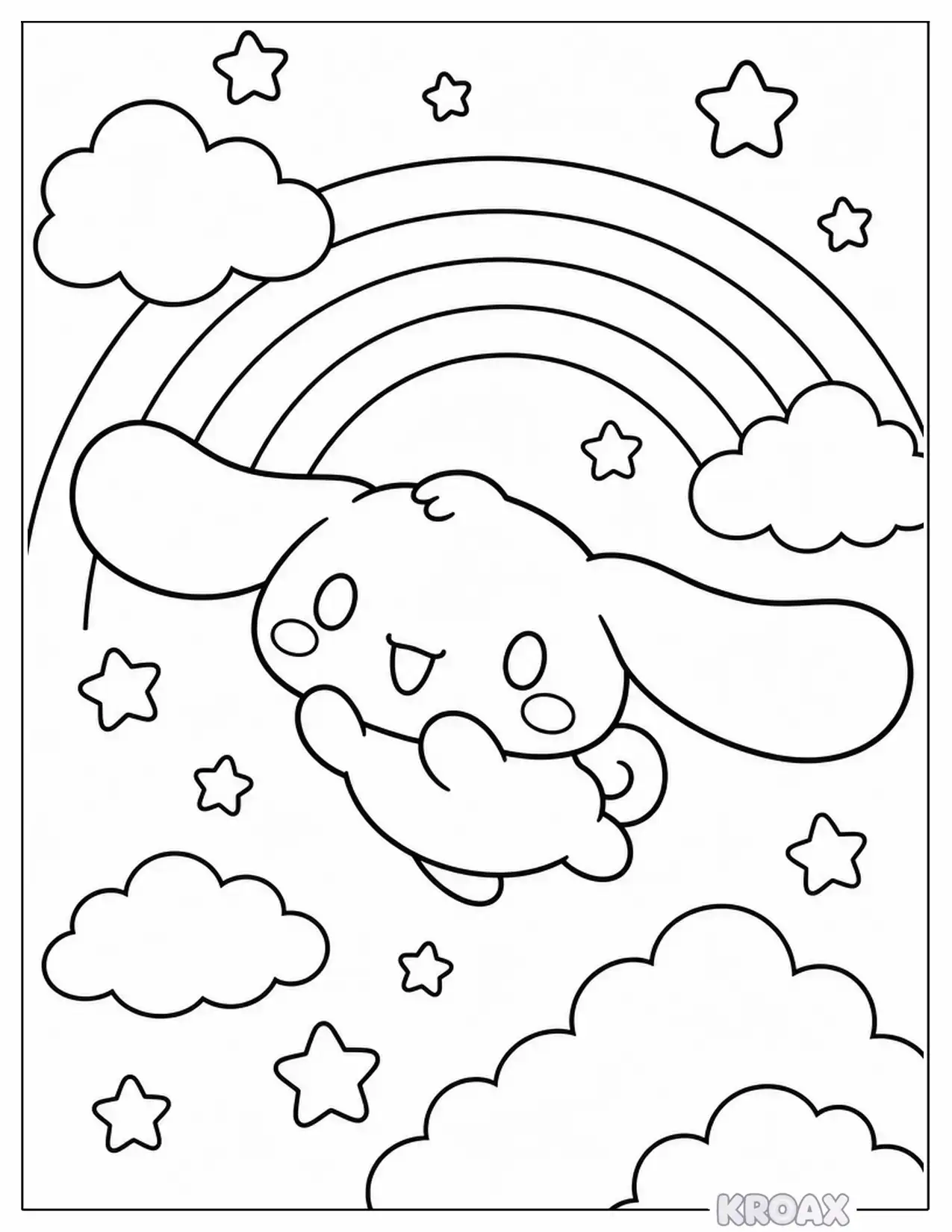 cinnamoroll flying through rainbow sky printable coloring page