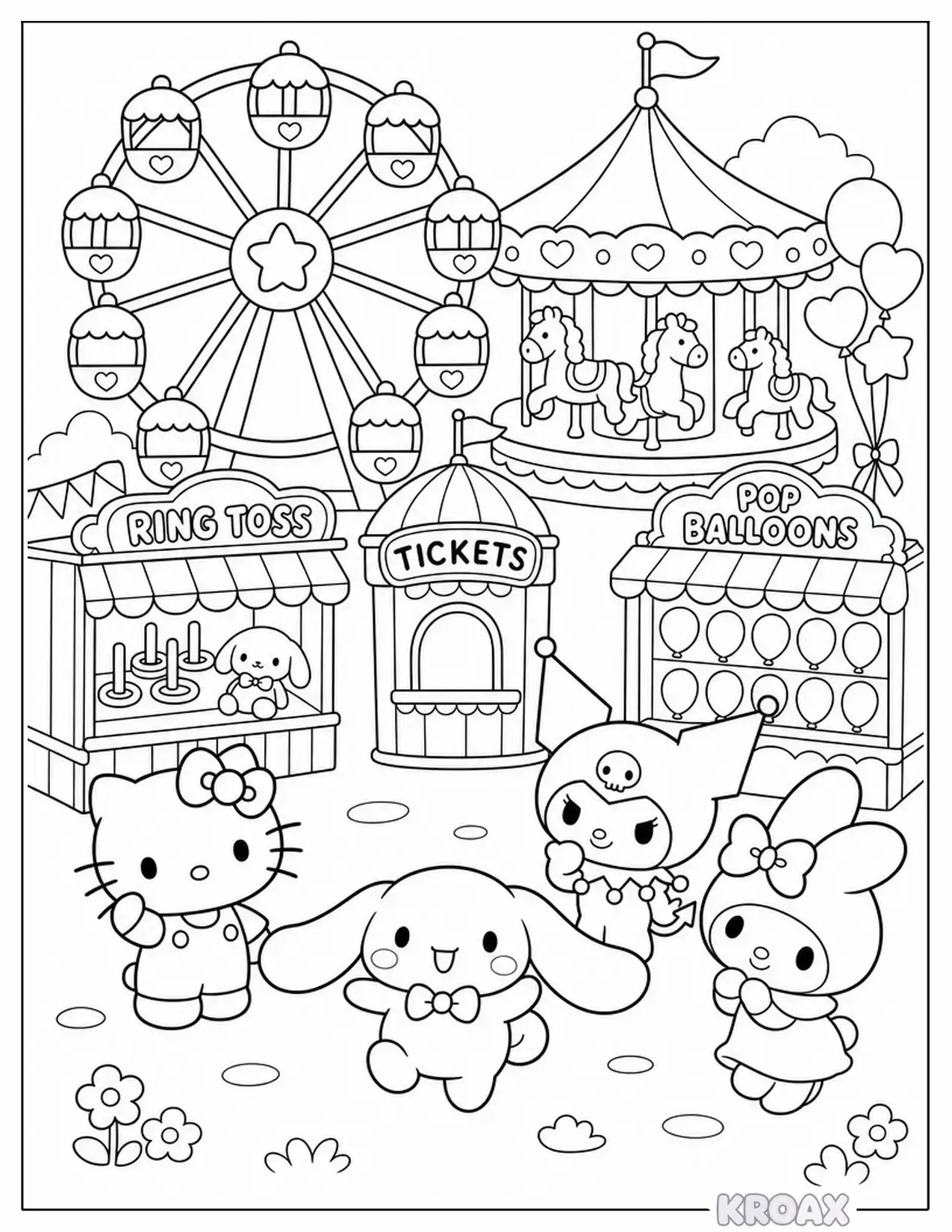 cinnamoroll friends group at the carnival printable coloring page