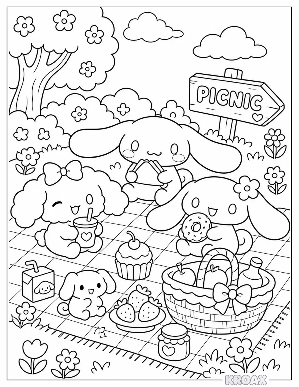 cinnamoroll picnic adventure with friends printable coloring page