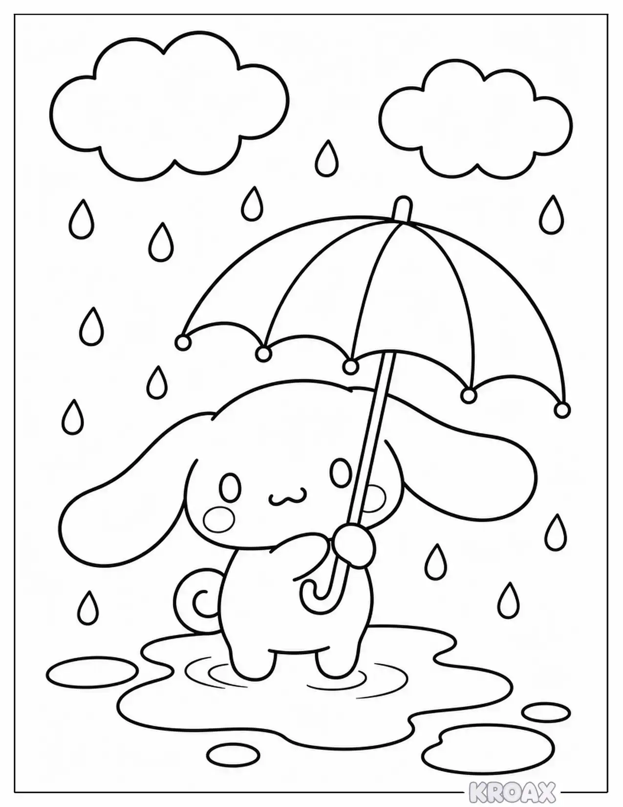 cinnamoroll s rainy day with umbrella and puddles printable coloring page