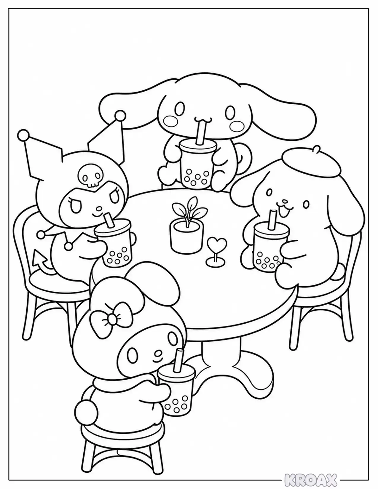 cinnamoroll sipping boba tea with friends printable coloring page