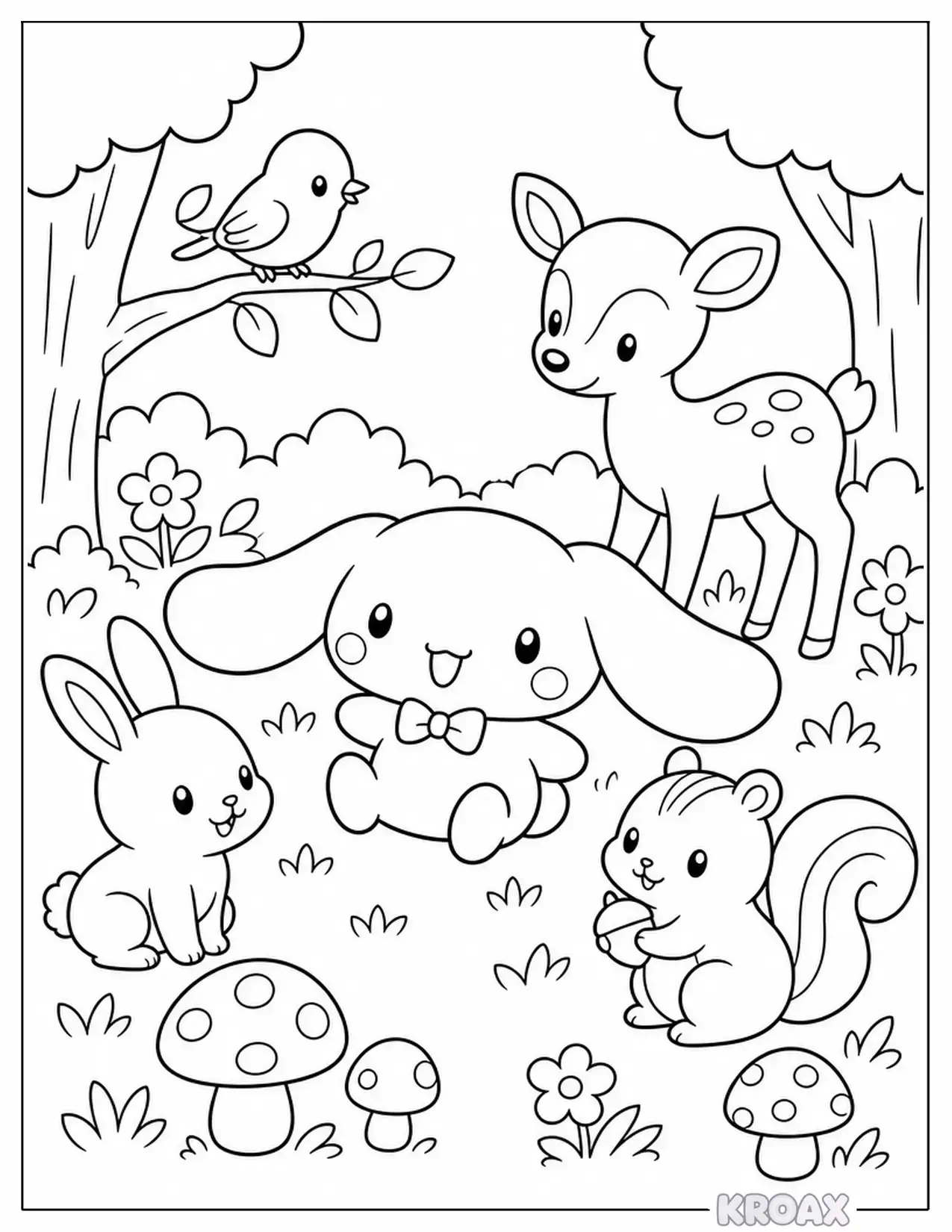 cinnamoroll with forest animals printable coloring page