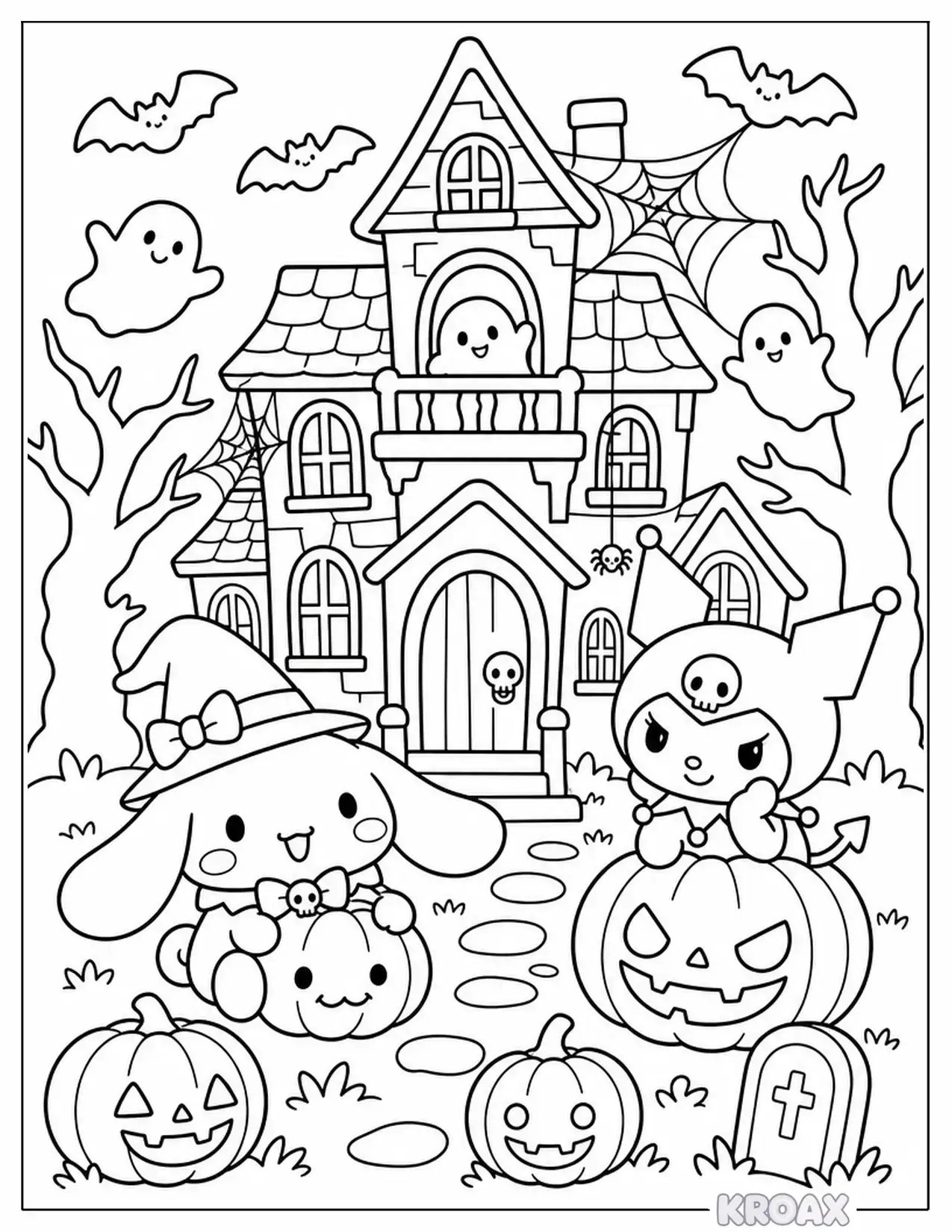 cinnamoroll with kuromi s spooky adventure printable coloring page