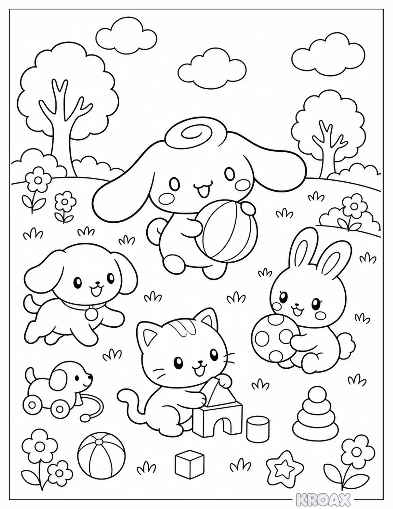 kawaii cinnamoroll and friends playing printable coloring page