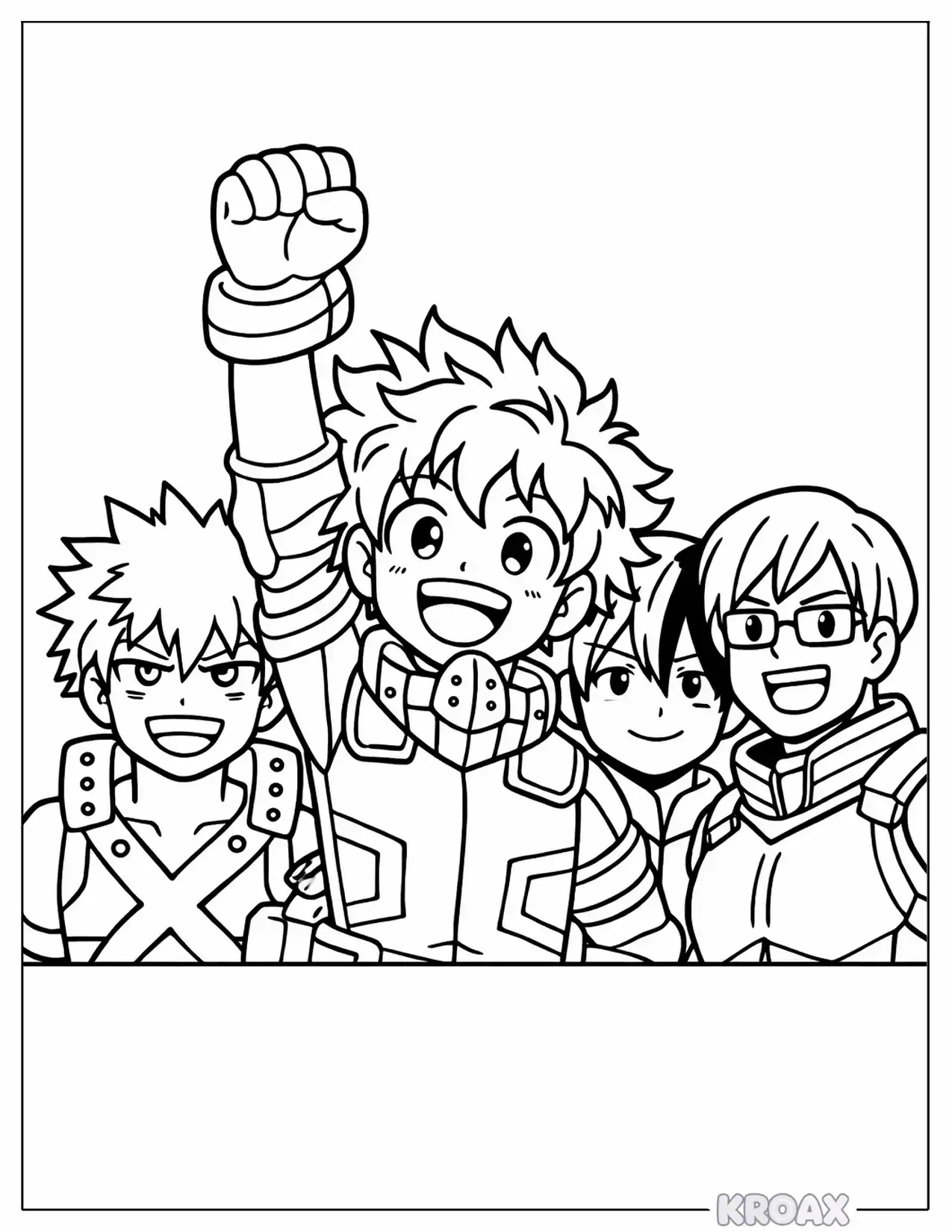 deku celebrating victory with friends printable coloring page
