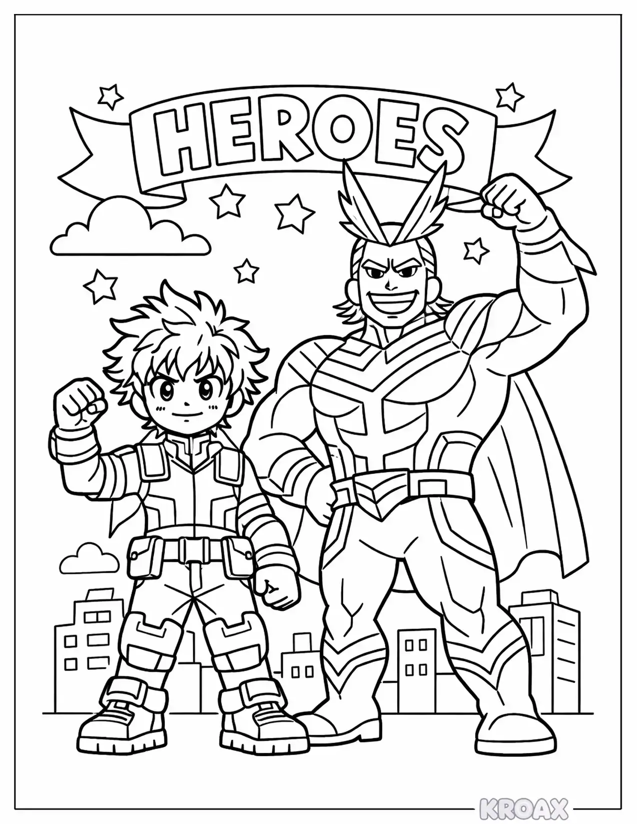 deku hero pose with all might printable coloring page