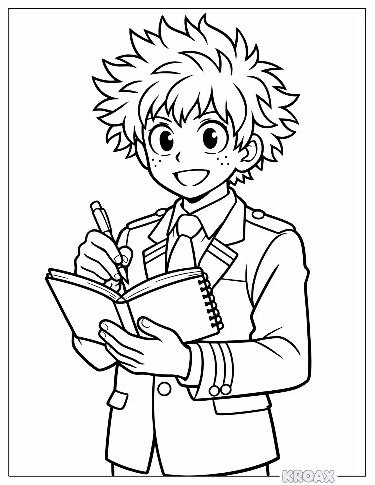 deku in school uniform with notebook printable coloring page