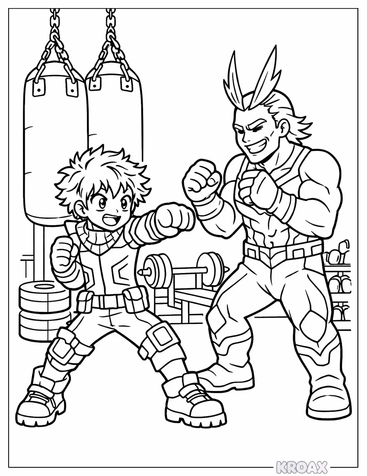 deku training with all might printable coloring page
