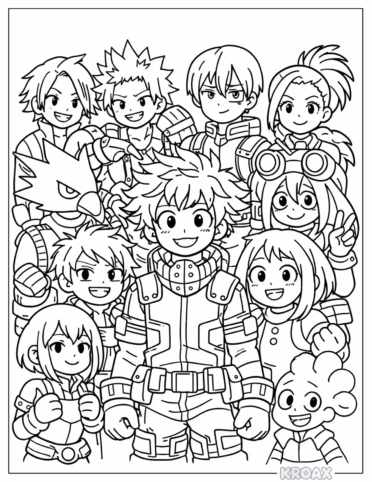deku with class 1 a friends together printable coloring page