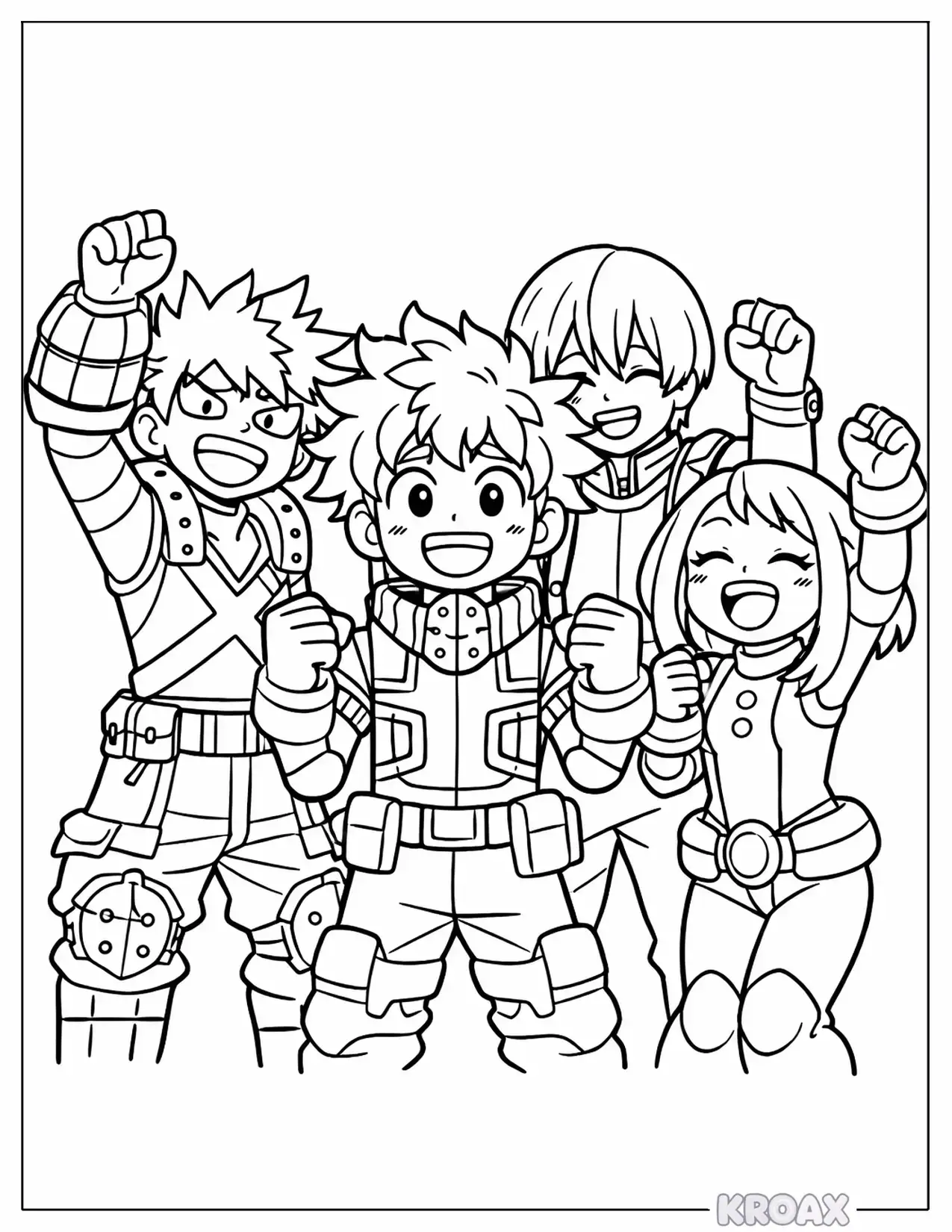 deku with supportive friends cheering printable coloring page