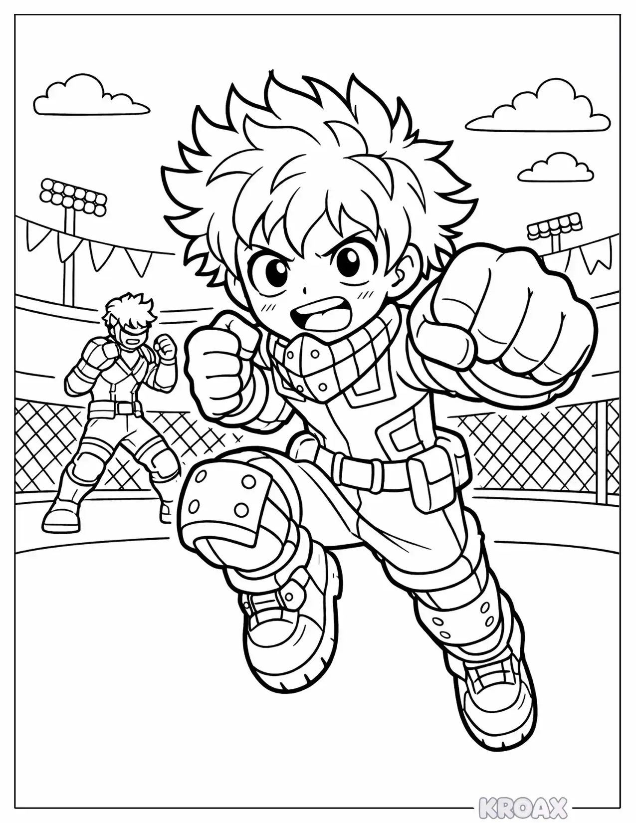 young deku in action battle scene printable coloring page