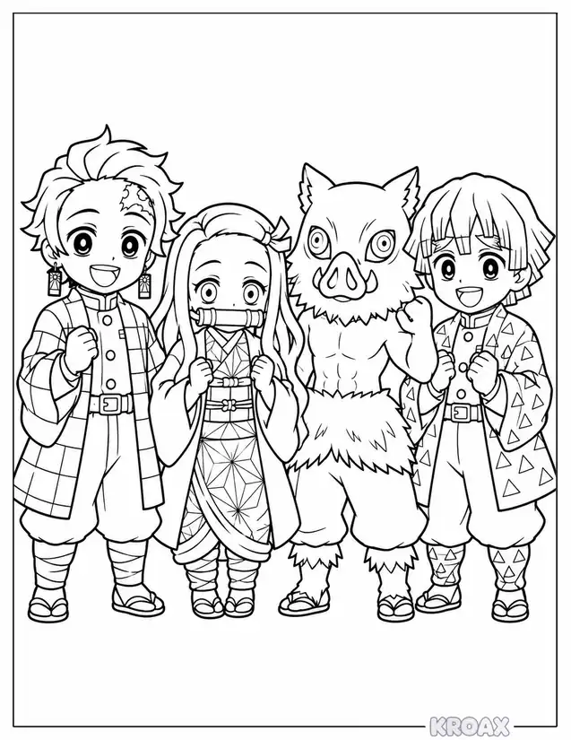 chibi demon slayer characters lineup printable coloring page