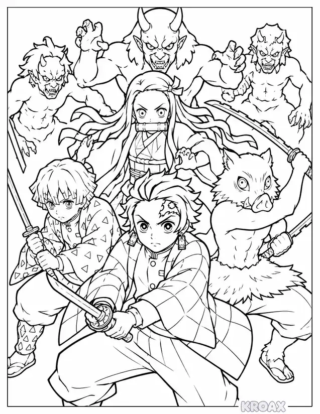demon slayer squad battle scene printable coloring page