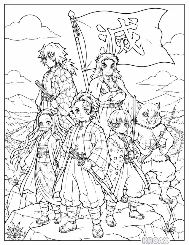 demon slayer squad on mountain peak printable coloring page