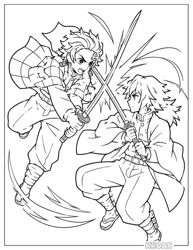 demon slayer sword clash dynamic action printable coloring page